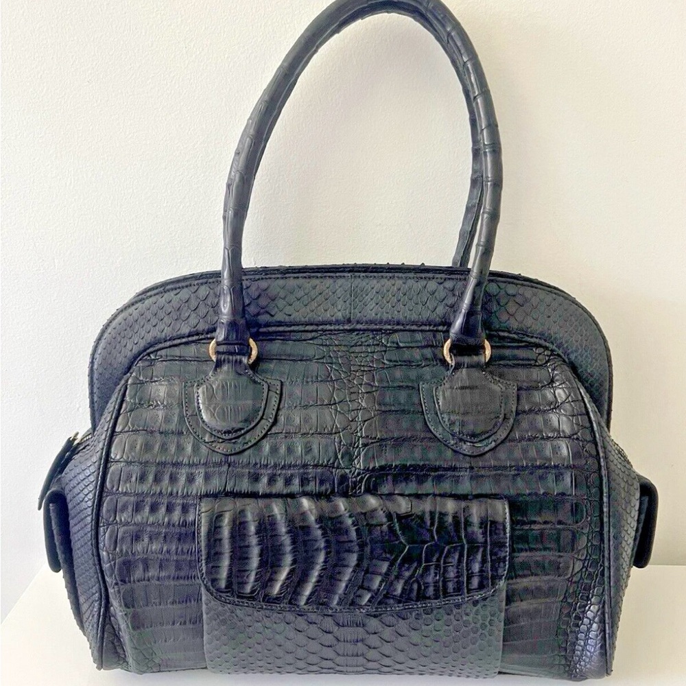 Armenta Black Satchel with Crocodile Texture